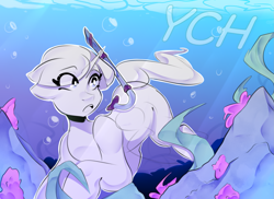 Size: 2501x1817 | Tagged: safe, artist:kisselmr, oc, oc only, alicorn, earth pony, pegasus, pony, unicorn, advertisement, bubble, commission, ocean, open mouth, solo, summer, swimming, underwater, water, wings, ych sketch, your character here