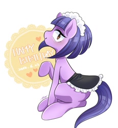Size: 1234x1334 | Tagged: safe, artist:bbtasu, tote bag (g4), earth pony, pony, g4, clothes, female, happy birthday, maid, mare, simple background, solo, white background