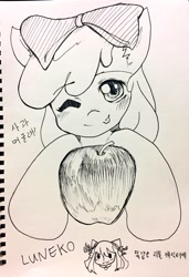 Size: 1400x2048 | Tagged: safe, artist:neko_lu_, apple bloom, earth pony, pony, g4, :p, apple, blushing, female, filly, foal, food, korean, looking at you, one eye closed, sketch, solo, text, tongue out, traditional art, wink