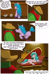 Size: 4443x6734 | Tagged: safe, artist:cactuscowboydan, izzy moonbow, oc, pony, unicorn, comic:the good the bad and the pony, g5, butt, cactus, comic, couch, cowboy hat, draw me like one of your french girls, hat, hoof heart, lamp, paper, plot, smiling, story, upside-down hoof heart