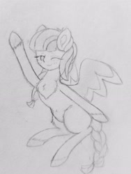 Size: 2834x3778 | Tagged: safe, artist:sodapop sprays, oc, oc only, oc:brioche, pegasus, pony, chest fluff, ear, female, flying, high res, looking at you, mane, mare, one eye closed, sextuplet, solo, spread wings, tail, traditional art, wings, wink, winking at you
