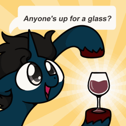 Size: 800x800 | Tagged: safe, artist:sugar morning, oc, oc only, oc:slashing prices, pony, unicorn, abstract background, alcohol, animated, bust, colored hooves, commission, cute, dialogue, eye shimmer, gif, glass, horn, loop, male, open mouth, pointing, red wine, solo, speech bubble, stallion, text, unicorn oc, unshorn fetlocks, wine, wine glass, ych result