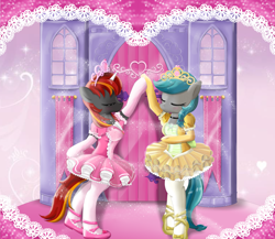 Size: 3000x2600 | Tagged: safe, artist:avchonline, oc, oc only, oc:mysti inferno, oc:precious gemstones, earth pony, unicorn, semi-anthro, arm hooves, ballerina, ballet, ballet slippers, blushing, boyfriends, castle, clothes, colored horn, crossdressing, dancing, duo, gloves, hair tie, heart, high res, holding hooves, horn, jewelry, love, male, multicolored hair, pink tutu, puffy sleeves, tiara, tights, tutu, yellow tutu