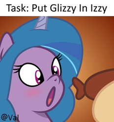 Size: 1920x2067 | Tagged: safe, artist:grapefruit-face, artist:pegasisterartmlp, izzy moonbow, pony, unicorn, g5, my little pony: tell your tale, base used, blushing, food, glizzy, hot dog, meat, o mouth, open mouth, sausage, solo