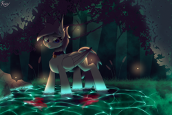 Size: 6000x4000 | Tagged: safe, artist:kainy, oc, oc only, oc:kainy, bat pony, hybrid, pegasus, pony, bell, bell collar, collar, concave belly, forest, night, slender, thin, water