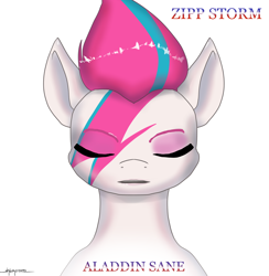Size: 2476x2538 | Tagged: safe, artist:shikogo, zipp storm, pegasus, pony, g5, aladdin sane, album cover, bust, david bowie, eyebrows, eyes closed, face paint, female, front view, high res, hilarious in hindsight, mare, ponified, ponified album cover, portrait, reference, signature, simple background, solo, text, white background