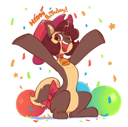 Size: 1362x1350 | Tagged: source needed, safe, artist:aries, oc, oc only, oc:boxy, deer, balloon, bell, bell collar, birthday, bow, collar, confetti, happy, simple background, solo, tail, tail bow, white background