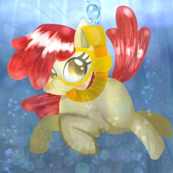 Size: 1024x1024 | Tagged: safe, artist:doubt, apple bloom, earth pony, pony, g4, adorabloom, blushing, bubble, crepuscular rays, cute, female, filly, flowing mane, flowing tail, foal, goggles, ocean, smiling, snorkel, snorkeling, solo, sunlight, swimming, swimming goggles, tail, underwater, water