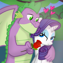 Size: 720x720 | Tagged: safe, artist:mlplary6, rarity, spike, dragon, pony, unicorn, g4, female, flower, gigachad spike, heart, looking at each other, looking at someone, male, mare, older, older spike, ship:sparity, shipping, smiling, smiling at each other, straight