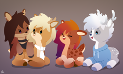 Size: 1000x600 | Tagged: safe, artist:luminousdazzle, oc, oc only, oc:cold forest, oc:deeraw, oc:elmwood, oc:silver, deer, body markings, clothes, cute, doe, ear piercing, female, happy, hoodie, looking at each other, looking at someone, lying down, male, necktie, piercing, simple, simple background, simple shading, smiling, stag, unshorn fetlocks
