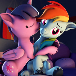 Size: 2160x2160 | Tagged: safe, artist:psfmer, rainbow dash, twilight sparkle, alicorn, pegasus, pony, 3d, bed, duo, eyes closed, face licking, female, folded wings, high res, lesbian, licking, looking at you, mare, on bed, shipping, source filmmaker, tongue out, twidash, twilight sparkle (alicorn), unshorn fetlocks, wings