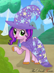 Size: 1280x1707 | Tagged: safe, artist:thedarktercio, pipp petals, pegasus, pony, g5, accessory swap, adorapipp, brooch, cape, clothes, cute, female, hat, jewelry, looking at you, mare, open mouth, open smile, raised hoof, signature, smiling, smiling at you, solo, the great and powerful, trixie's brooch, trixie's cape, trixie's hat