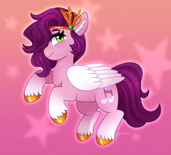 Size: 2067x1878 | Tagged: safe, artist:emera33, pipp petals, pegasus, pony, g5, my little pony: a new generation, adorapipp, backwards cutie mark, blushing, chest fluff, cute, ear fluff, eyebrows, female, flying, gradient background, hair over one eye, looking at you, mare, signature, smiling, smiling at you, solo