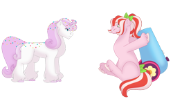 Size: 1280x732 | Tagged: safe, artist:itstechtock, oc, oc only, oc:confetti surprise, earth pony, pony, unicorn, female, mare, offspring, parent:cheese sandwich, parent:pinkie pie, parents:cheesepie, party cannon, simple background, transparent background