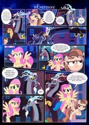Size: 3259x4607 | Tagged: safe, artist:estories, discord, fluttershy, oc, oc:alice goldenfeather, draconequus, pegasus, pony, comic:nevermore, g4, alice is not amused, angry, comic, crossed hooves, eyes closed, female, floppy ears, flying, frown, high res, looking at each other, looking at someone, male, mare, one eye closed, open mouth, open smile, pegasus oc, smiling, speech bubble, spread wings, trio, unamused, wings