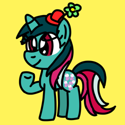 Size: 768x768 | Tagged: safe, artist:danielthebrony57, fizzy, pony, twinkle eyed pony, unicorn, g1, g4, cute, eye clipping through hair, female, fizzybetes, flower, flower on hat, full body, g1 to g4, generation leap, girl fizzy, hat, hooves, mare, multicolored hair, multicolored mane, multicolored tail, raised arm, red eyes, simple background, smiling, solo, standing, tail, that was fast, yellow background