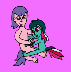 Size: 570x579 | Tagged: safe, artist:goldilocksofflowers, fizzy, north star (g1), human, twinkle eyed pony, g1, cute, duo, female, fizzybetes, fizzystar, hug, humanized, lesbian, multicolored hair, multicolored mane, multicolored tail, northabetes, pink background, purple hair, purple mane, purple tail, red eyes, shipping, simple background, tail, tailed humanization, wat, wtf