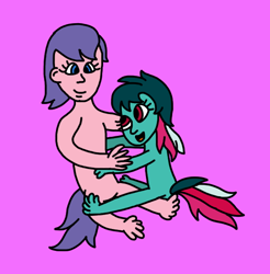 Size: 570x579 | Tagged: safe, artist:goldilocksofflowers, fizzy, north star (g1), human, twinkle eyed pony, g1, cute, duo, female, fizzybetes, fizzystar, g1 northabetes, hug, humanized, lesbian, multicolored hair, multicolored mane, multicolored tail, pink background, purple hair, purple mane, purple tail, red eyes, ship:fizzystar, shipping, simple background, tail, tailed humanization, wat, wtf