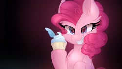 Size: 3840x2160 | Tagged: safe, artist:lbrcloud, pinkie pie, earth pony, pony, fanfic:cupcakes, g4, chest fluff, cupcake, female, food, gradient background, grin, high res, horse meat, implied murder, looking at you, mare, meat, simple background, smiling, smiling at you, solo