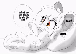 Size: 3049x2191 | Tagged: safe, artist:pabbley, apple bloom, earth pony, pony, g4, bed, female, filly, foal, high res, lying down, on back, on bed, onomatopoeia, pillow, pomf, solo, speech bubble, tail, tail between legs, the cmc's cutie marks, what are we gonna do on the bed?