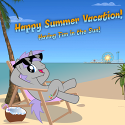 Size: 2000x2000 | Tagged: safe, artist:avastindy, oc, oc only, pony, unicorn, beach, beach chair, chair, coconut, ferris wheel, food, glasses, high res, hooves behind head, horn, male, ocean, paint, paintbrush, palm tree, relaxing, sand, smiling, solo, stallion, sunglasses, text, tree, water