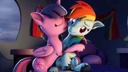 Size: 3840x2160 | Tagged: safe, artist:psfmer, rainbow dash, twilight sparkle, alicorn, pegasus, pony, g4, 3d, 4k, bed, cheek kiss, cute, duo, duo female, eyes closed, face licking, female, floppy ears, folded wings, high res, horn, hug, kissing, lesbian, licking, mare, rainbow dash's bedroom, revamped ponies, ship:twidash, shipping, source filmmaker, tongue out, twilight sparkle (alicorn), unshorn fetlocks, wings