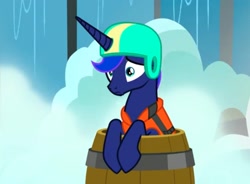 Size: 1547x1139 | Tagged: safe, screencap, princess luna, alicorn, pony, between dark and dawn, g4, adorable face, bare hooves, barrel, cute, female, helmet, horn, lifejacket, luna is not amused, lunabetes, mare, scared, solo, unamused, water, worried