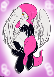 Size: 1050x1500 | Tagged: safe, artist:edgarkingmaker, oc, oc only, oc:storm cloud, pegasus, pony, blushing, clothes, coy, latex, latex socks, pink, pinup, shy, socks, solo, white