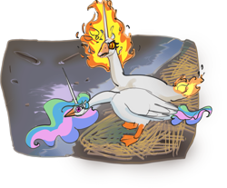 Size: 2737x2263 | Tagged: safe, artist:alumx, daybreaker, princess celestia, bird, goose, g4, duo, female, gooselestia, high res, horn, simple background, species swap, transparent background