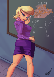 Size: 2480x3508 | Tagged: safe, artist:reminic, ms. harshwhinny, human, equestria girls, g4, angry, ass, blonde, blonde hair, blue eyes, butt, canterlot high, chalk, chalkboard, chemistry, classroom, clothes, cougar, ear piercing, earring, eyebrows, eyeshadow, female, frown, high res, hot for teacher, jewelry, legs, looking at you, looking back, looking back at you, makeup, miniskirt, ms. harshbooty, open mouth, piercing, scarf, sexy, she got legs, signature, skirt, solo, stupid sexy ms. harshwhinny, teacher, teaching, text, thighs, tight clothing, tuxedo, uniform
