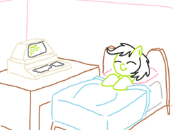 Size: 1200x900 | Tagged: safe, artist:purblehoers, oc, oc:filly anon, earth pony, pony, bed, comfy, commodore pet, computer, desk, eyes closed, female, filly, foal, good night, ms paint, smiling, solo