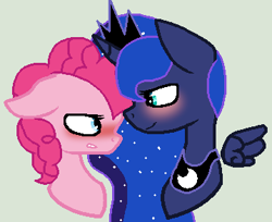 Size: 359x293 | Tagged: safe, artist:junetheicecat, pinkie pie, princess luna, g4, blushing, disembodied head, female, floating wings, lesbian, ship:lunapie, shipping, wings