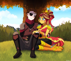Size: 966x828 | Tagged: safe, artist:riouku, sunset shimmer, oc, human, equestria girls, g4, my little pony equestria girls: legend of everfree, boots, canon x oc, clothes, commission, crystal guardian, eyepatch, female, grass, high heel boots, male, ponied up, romance, shipping, shoes, sitting, solo, straight, tree