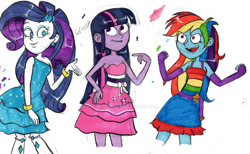 Size: 1280x791 | Tagged: safe, artist:retroneb, rainbow dash, rarity, twilight sparkle, human, equestria girls, g4, bare shoulders, boots, deviantart watermark, fall formal outfits, obtrusive watermark, shoes, sleeveless, strapless, watermark, white background