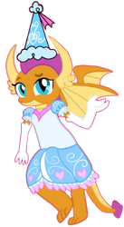 Size: 590x1080 | Tagged: safe, artist:darlycatmake, smolder, alicorn, dragon, pony, g4, clothes, cute, dragoness, dress, female, focus, froufrou glittery lacy outfit, gloves, happy, hat, hennin, long gloves, looking at you, older, older smolder, princess, princess smolder, puffy sleeves, simple background, smiling, smiling at you, smolderbetes, solo, transparent background, waving