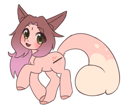 Size: 1996x1752 | Tagged: safe, artist:miioko, artist:sinamuna, oc, oc only, oc:cinnamon fawn, hybrid, pony, base used, blushing, brown hair, brown mane, female, fluffy tail, gradient mane, green eyes, happy, hazel eyes, mare, outline, pink hair, pink mane, ponysona, signature, simple background, solo, tail, transparent background, white outline