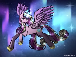 Size: 1024x768 | Tagged: safe, artist:mugitya012, princess cadance, alicorn, pony, g4, aurora borealis, concave belly, female, glowing, glowing horn, horn, magic, magic aura, mare, solo, stylized, wings
