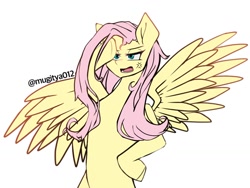 Size: 1024x768 | Tagged: safe, artist:mugitya012, fluttershy, pegasus, pony, g4, cross-popping veins, female, hoof on hip, mare, simple background, solo, white background, wings