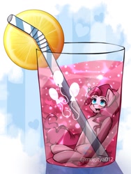Size: 768x1024 | Tagged: safe, artist:mugitya012, pinkie pie, earth pony, pony, g4, cup, cup of pony, drink, female, food, foodplay, glass, heart, heart background, lemon, looking up, mare, micro, simple background, solo, straw, white background