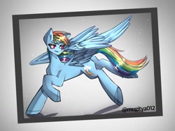 Size: 1024x768 | Tagged: safe, artist:mugitya012, rainbow dash, pegasus, pony, g4, female, mare, raised hoof, simple background, solo, white background, wings