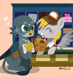 Size: 708x748 | Tagged: safe, artist:efuji_d, derpy hooves, gabby, griffon, pegasus, pony, g4, basket, cute, derpabetes, duo, female, food, gabbybetes, hat, heart, mailmare, mailmare hat, mailmare uniform, mare, mouth hold, muffin, post office, signature, spread wings, wings