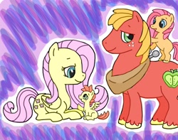 Size: 1606x1263 | Tagged: safe, artist:emmeredith14, big macintosh, fluttershy, oc, oc:cherry blossom, oc:cinnamon crisp, earth pony, pegasus, pony, g4, abstract background, colt, family, father and child, father and daughter, female, filly, foal, male, mare, mother and child, mother and son, oc riding big macintosh, offspring, parent:big macintosh, parent:fluttershy, parents:fluttermac, ponies riding ponies, riding, ship:fluttermac, shipping, stallion, straight