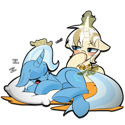 Size: 1024x1024 | Tagged: safe, artist:l8lhh8086, trixie, oc, pony, unicorn, g4, blood, female, glowing, glowing horn, horn, nosebleed, onomatopoeia, pillow, poking, simple background, sleeping, snoring, snot bubble, sound effects, transparent background, zzz
