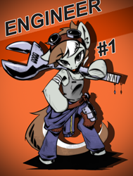 Size: 774x1024 | Tagged: safe, artist:l8lhh8086, oc, oc only, earth pony, pony, semi-anthro, :p, arm hooves, coveralls, dirty, goggles, grease, solo, stain, tongue out, wrench