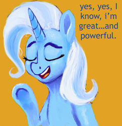 Size: 2971x3053 | Tagged: safe, artist:phutashi, trixie, pony, unicorn, g4, dialogue, eyes closed, female, great and powerful, high res, mare, open mouth, open smile, simple background, smiling, solo, underhoof, yellow background