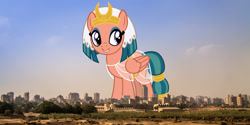 Size: 1920x960 | Tagged: safe, artist:sketchmcreations, artist:thegiantponyfan, somnambula, pegasus, pony, g4, cairo, clothes, egypt, female, folded wings, giant pegasus, giant pony, giantess, grin, highrise ponies, irl, looking at you, macro, mare, mega giant, photo, ponies in real life, see-through, smiling, story included, wings