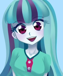 Size: 884x1080 | Tagged: safe, artist:rileyav, sonata dusk, human, equestria girls, blouse, blue background, cute, eye clipping through hair, female, happy, looking at you, open mouth, open smile, simple background, smiling, smiling at you, solo, sonatabetes