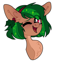 Size: 1600x1678 | Tagged: safe, artist:moonert, oc, oc only, earth pony, pony, bust, chest fluff, ear fluff, earth pony oc, ethereal mane, female, holly, mare, one eye closed, simple background, smiling, solo, starry mane, transparent background, wink