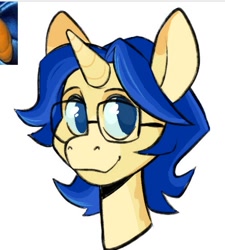 Size: 719x798 | Tagged: safe, artist:gothalite, oc, oc only, pony, unicorn, bust, glasses, horn, simple background, smiling, solo, unicorn oc, white background