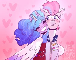 Size: 2500x2000 | Tagged: safe, artist:gothalite, izzy moonbow, zipp storm, pegasus, pony, unicorn, g5, 2021, bisexual pride flag, blushing, clothes, duo, eyes closed, female, grin, high res, lesbian, mare, old art, pansexual, pansexual pride flag, pride, pride flag, ship:zippzzy, shipping, smiling, trans zipp, transgender, transgender pride flag, wings